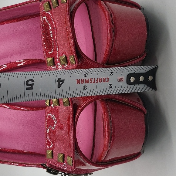 37- Show Story Skull Heel Pink Glitter Platform Heels Sz 10 Open Toe Studded - Picture 6 of 14